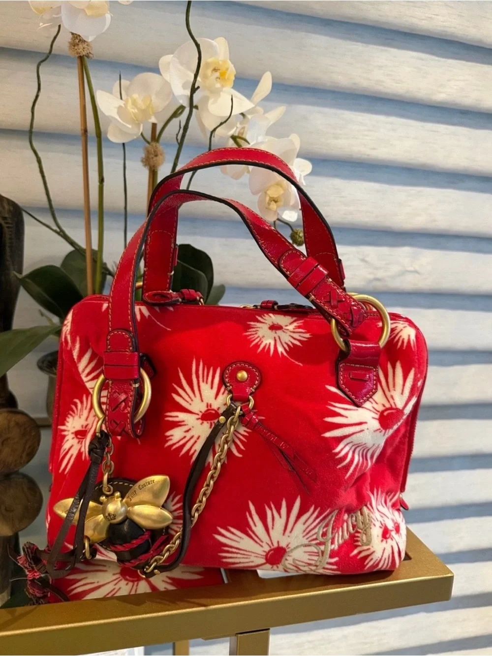 Vintage Juicy Couture Red Daisy Velvet Top-Handle Bag amazing Bee Hardware